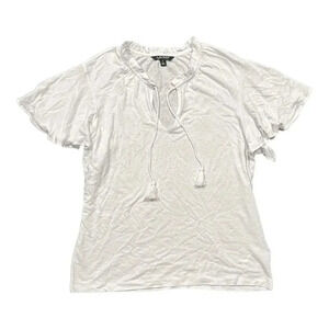 Lauren Ralph Lauren White Jersey Tie Neck Flutter Sleeve Top L